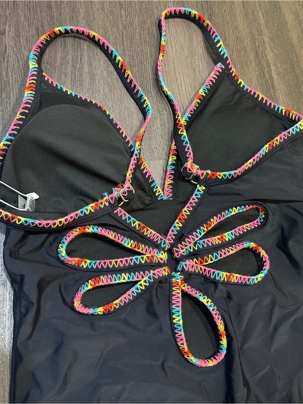 Rainbow Trim Cutout One Piece Swimsuit Black Neon Stitching Size Large NWT - Picture 8 of 11